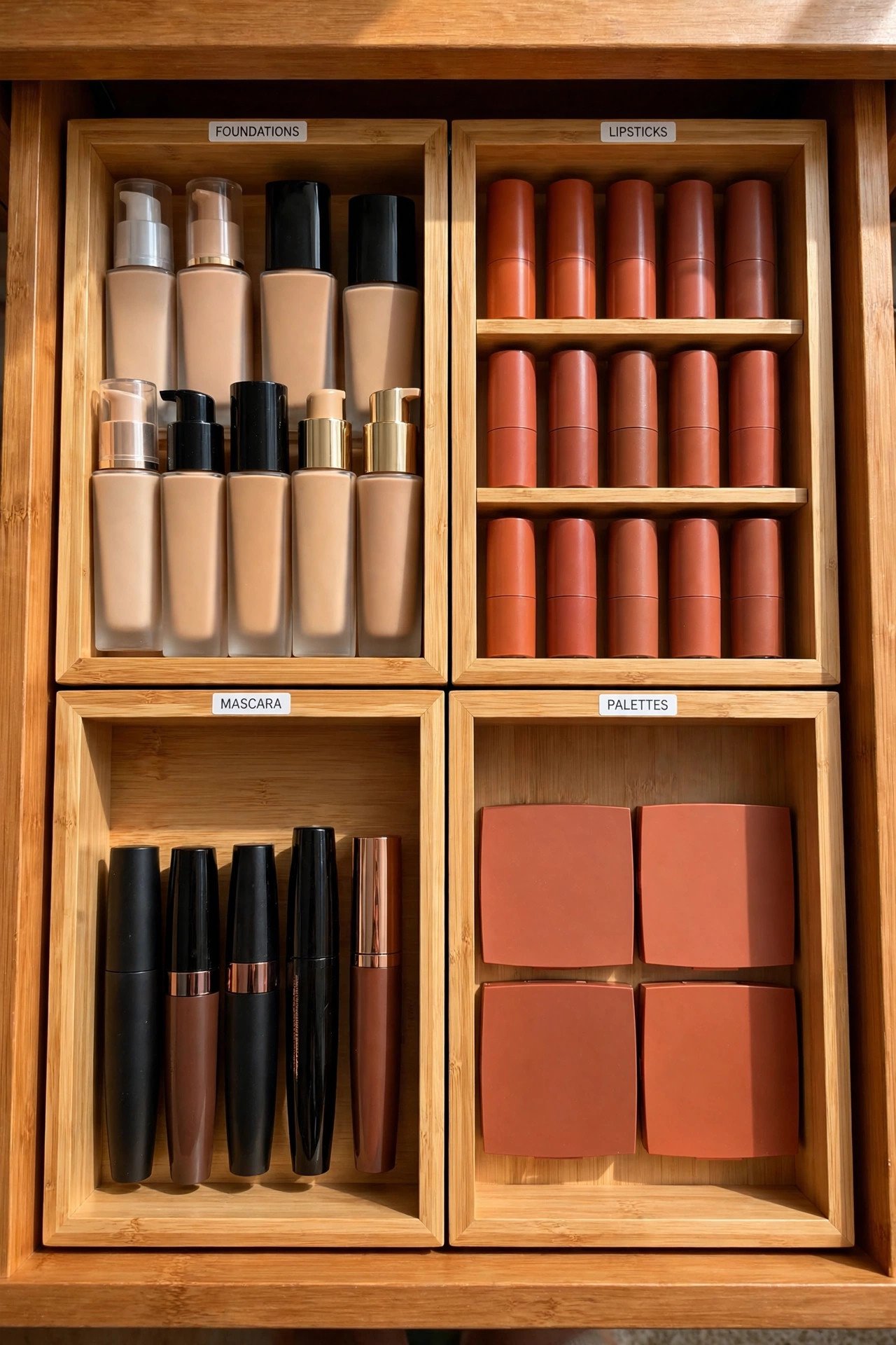 Bamboo dividers creating makeup drawer organization with sorted foundations, lipsticks, and mascaras