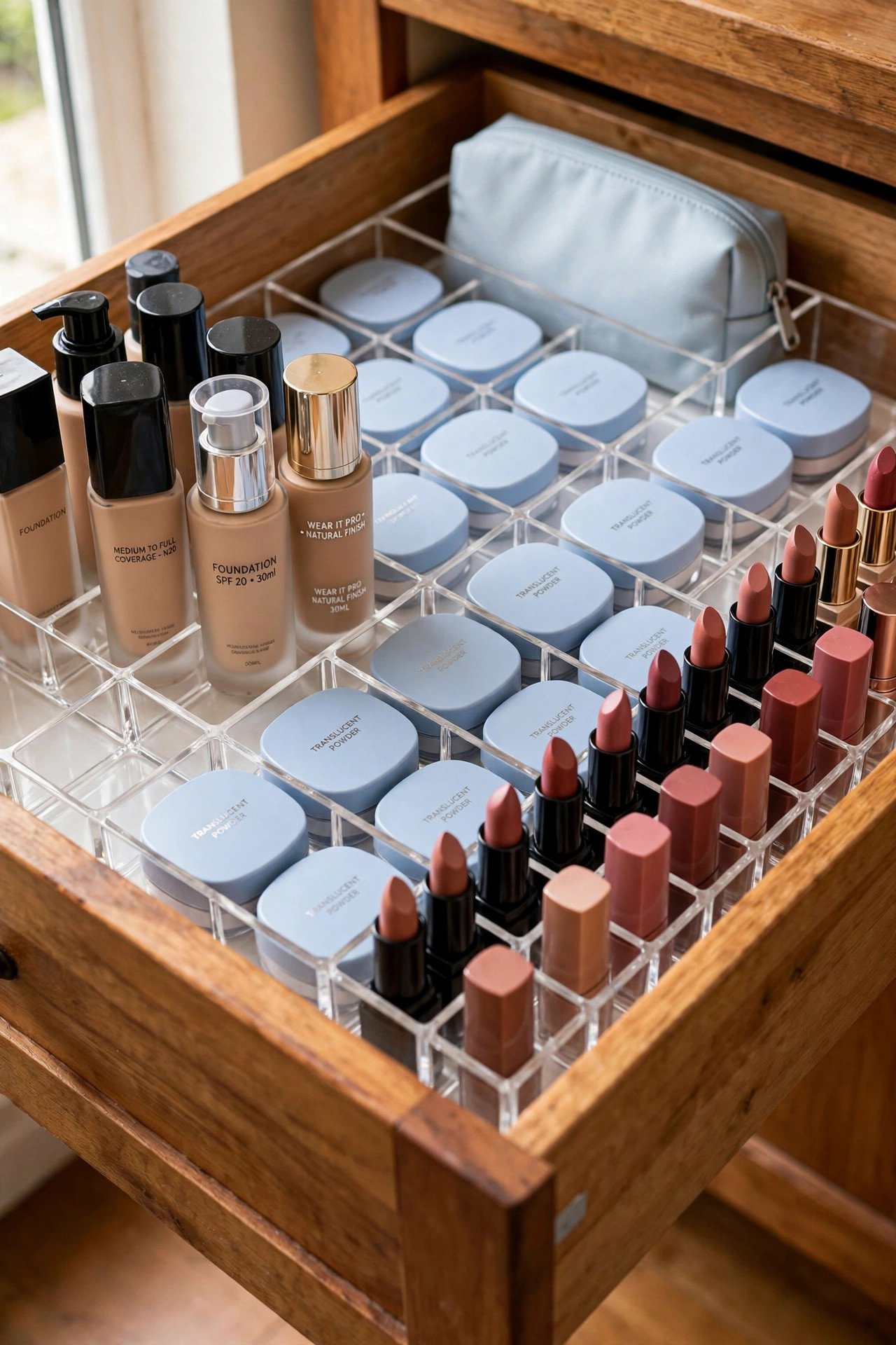 Full clear acrylic insert providing makeup drawer organization for foundation bottles and compacts