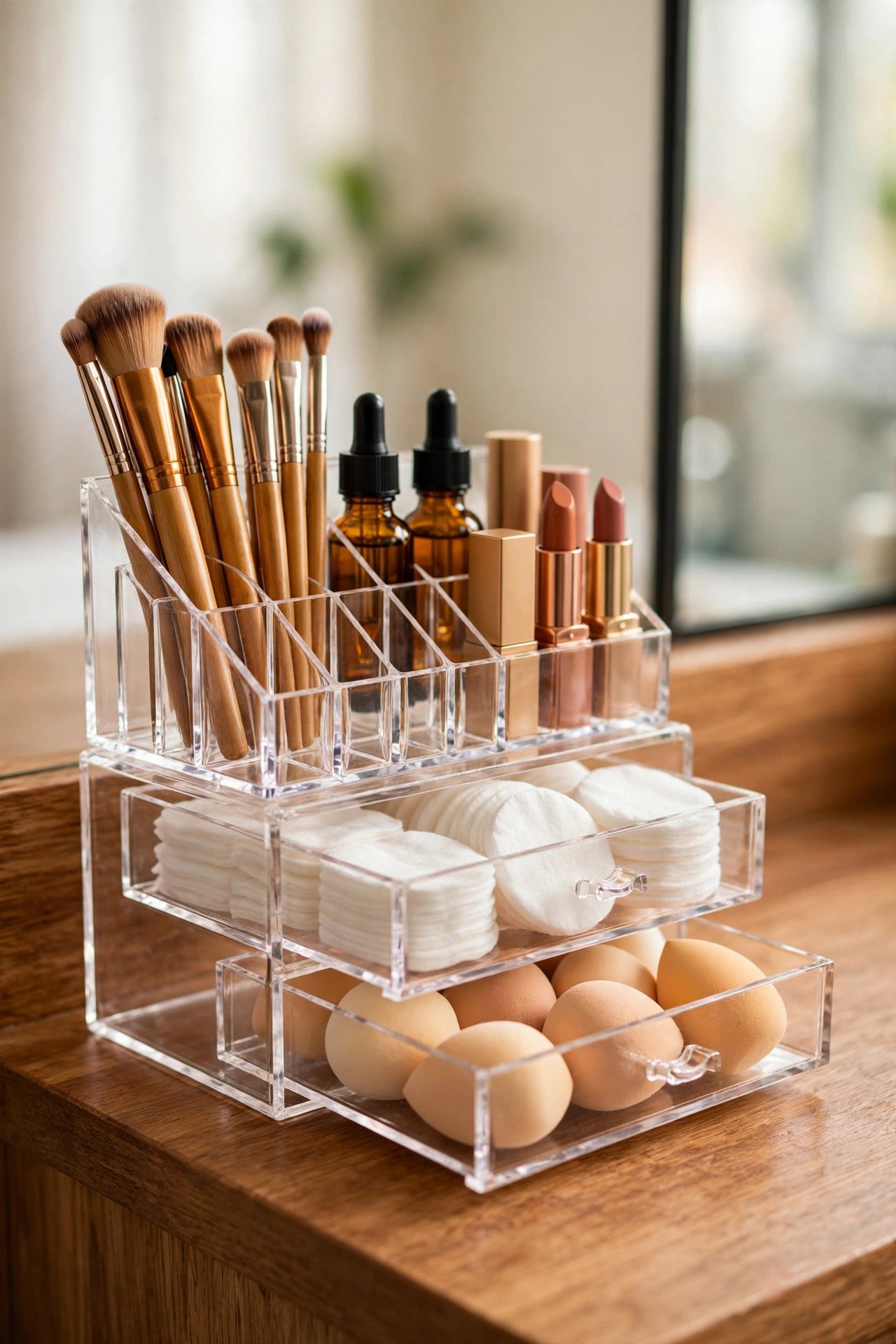 Countertop organizer with mini drawers keeping daily makeup drawer organization within easy reach