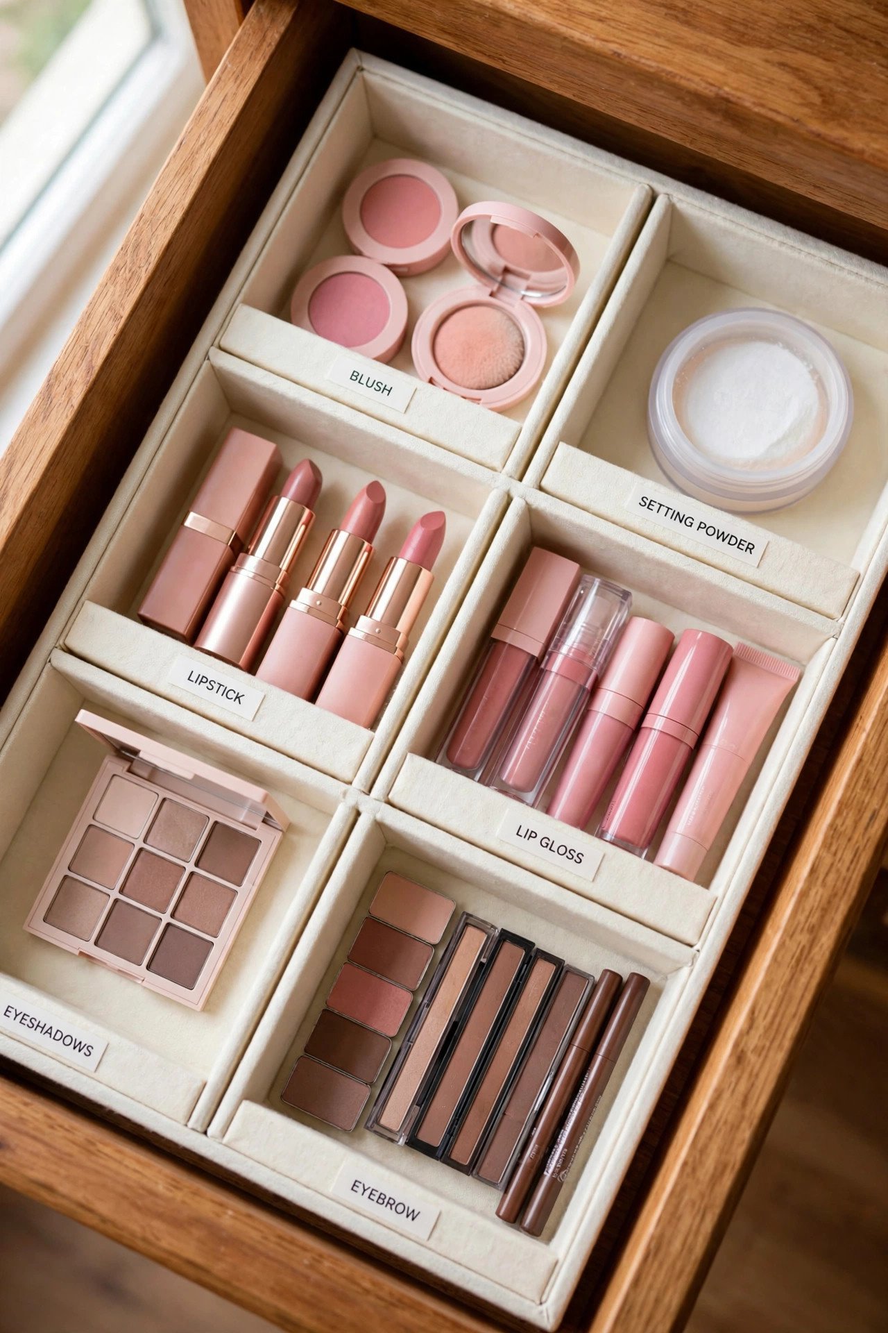 Grid of cream compartments organizing makeup drawer categories labeled face, eyes, and lips