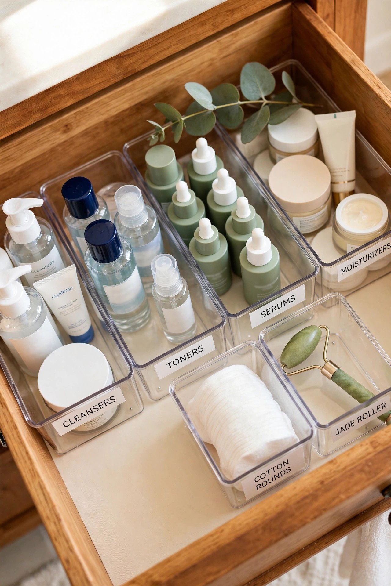 Clear bins giving skincare its own drawer with serums, moisturizers, and cotton rounds
