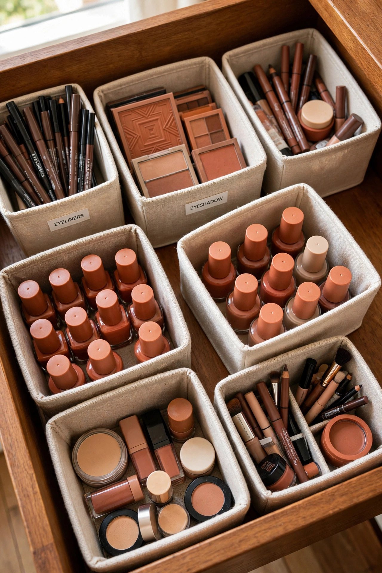 Neutral greige bins arranged for flexible makeup drawer organization in a deep vanity drawer