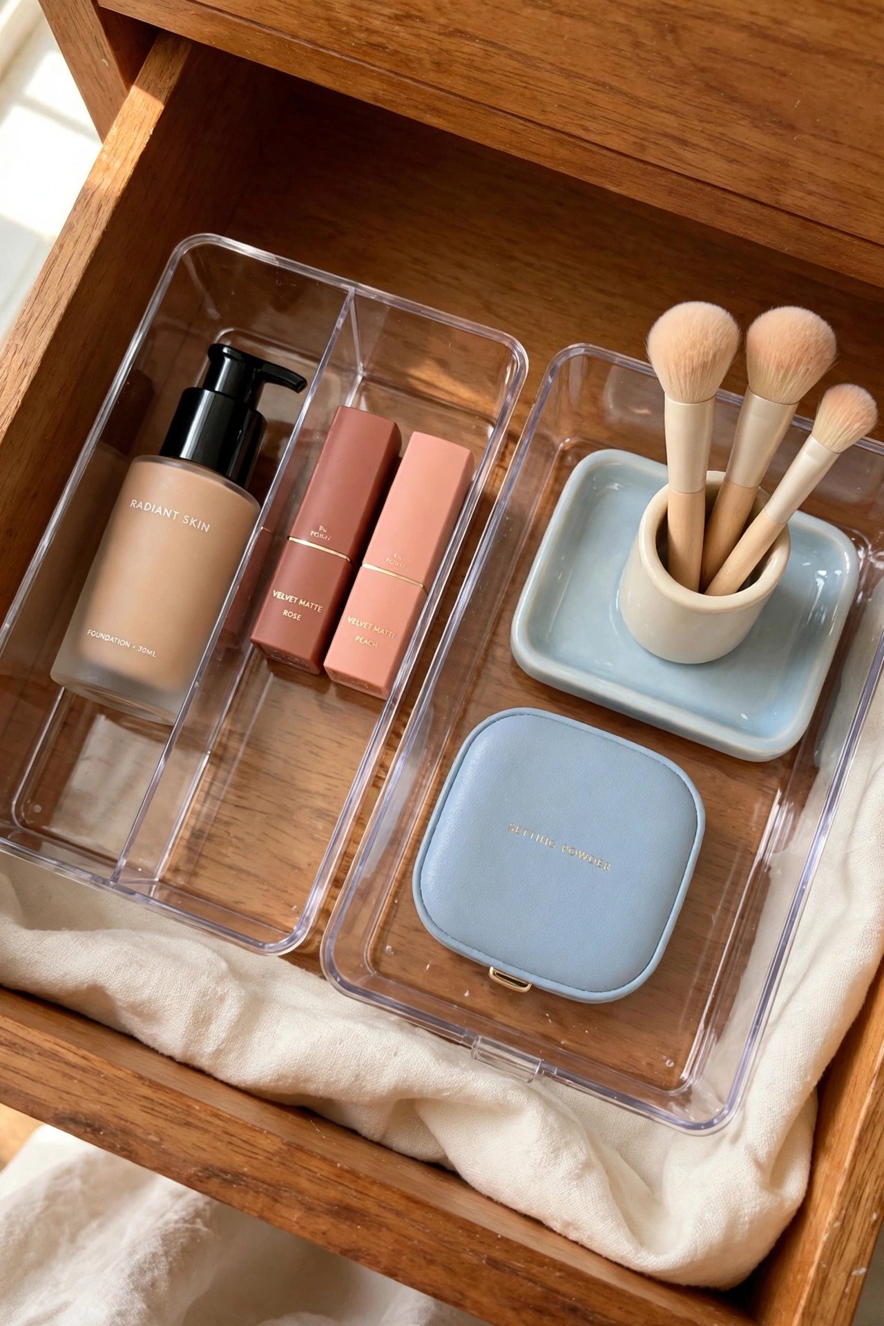 Minimal makeup drawer organization with a small curated collection of favorite products