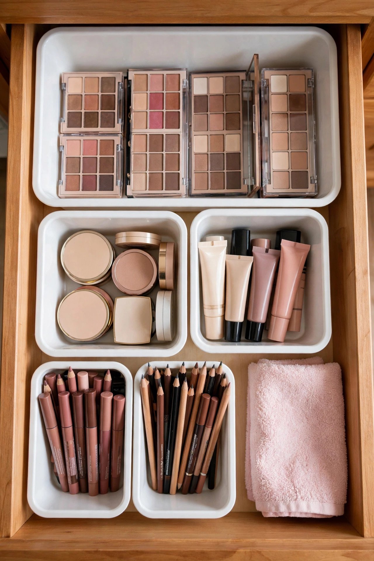 White storage bins of different sizes sorting a full makeup drawer collection