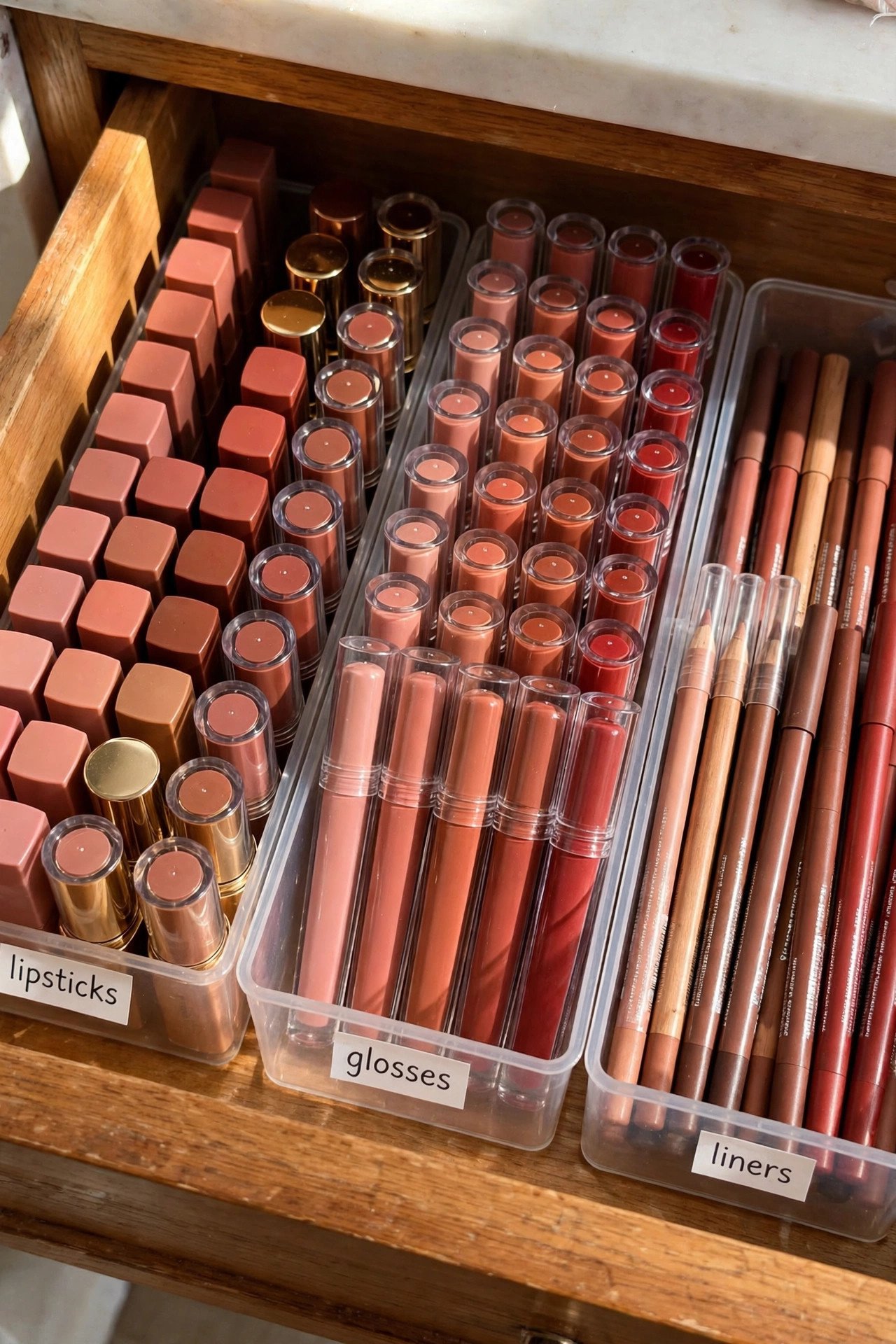 Clear bins dedicating a vanity drawer to an organized lip product collection