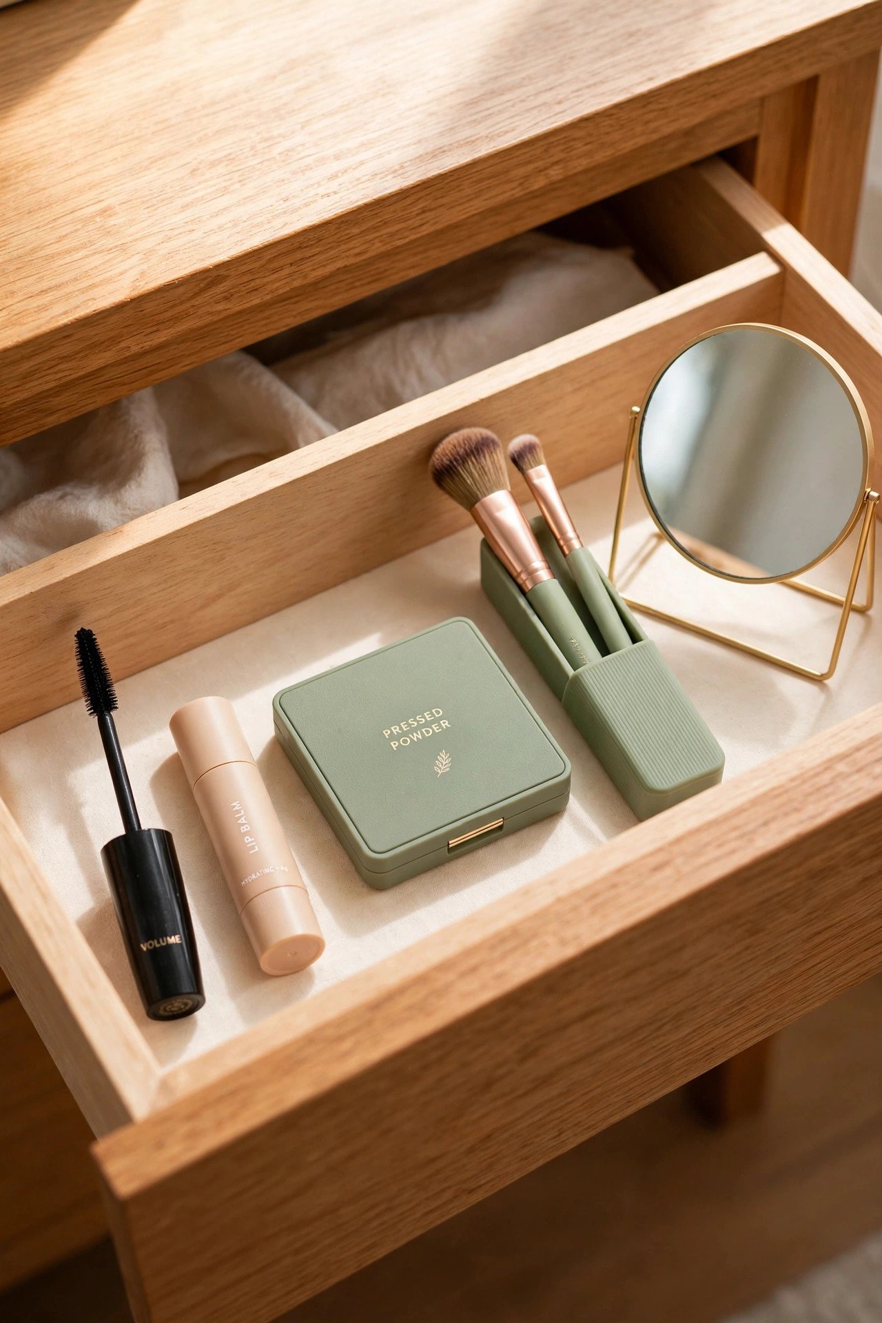 Small everyday essentials drawer with tidy makeup drawer organization for daily products