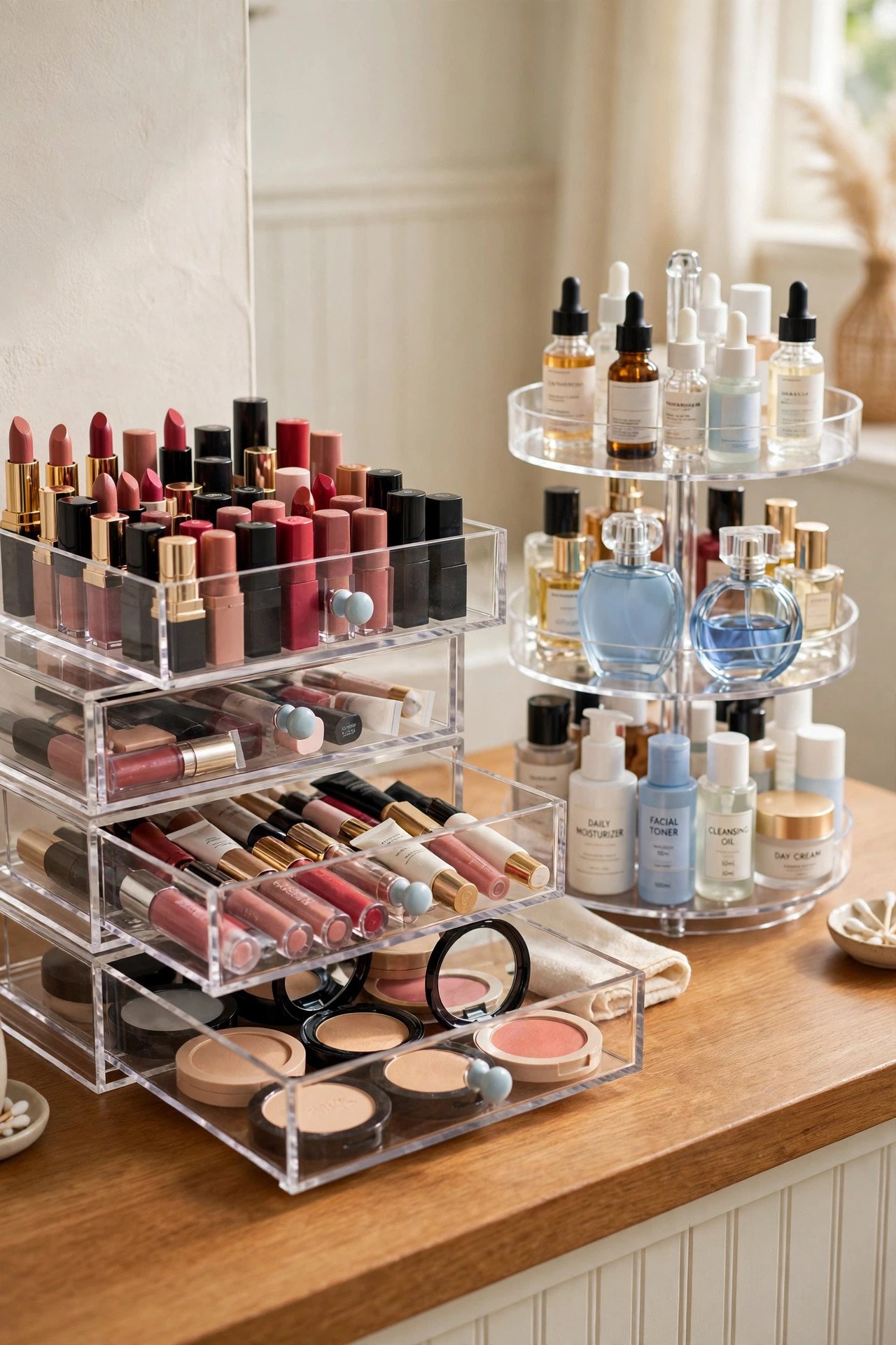 Stacked acrylic drawer tower paired with a spinning organizer on a vanity countertop