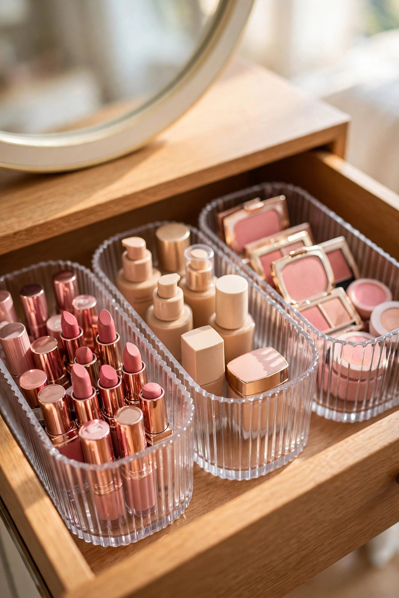 Fluted acrylic bins adding texture to an elegant makeup drawer organization setup