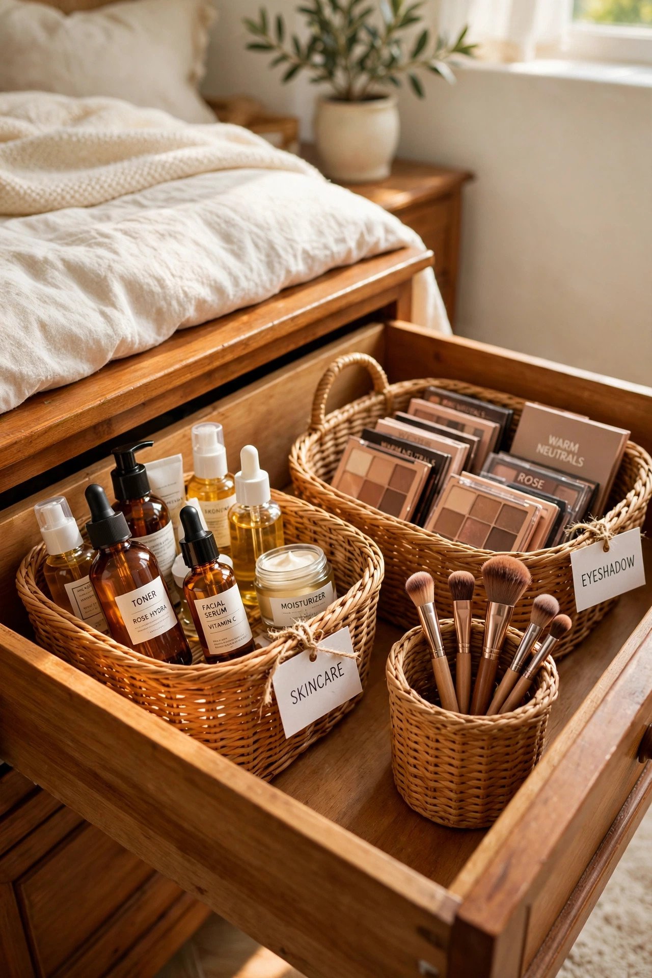 Woven rattan baskets holding makeup categories inside a warm wooden drawer