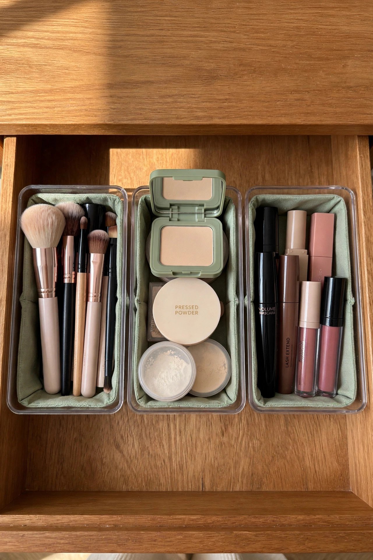 Simple clear bins keeping brushes and face products tidy in a small makeup drawer