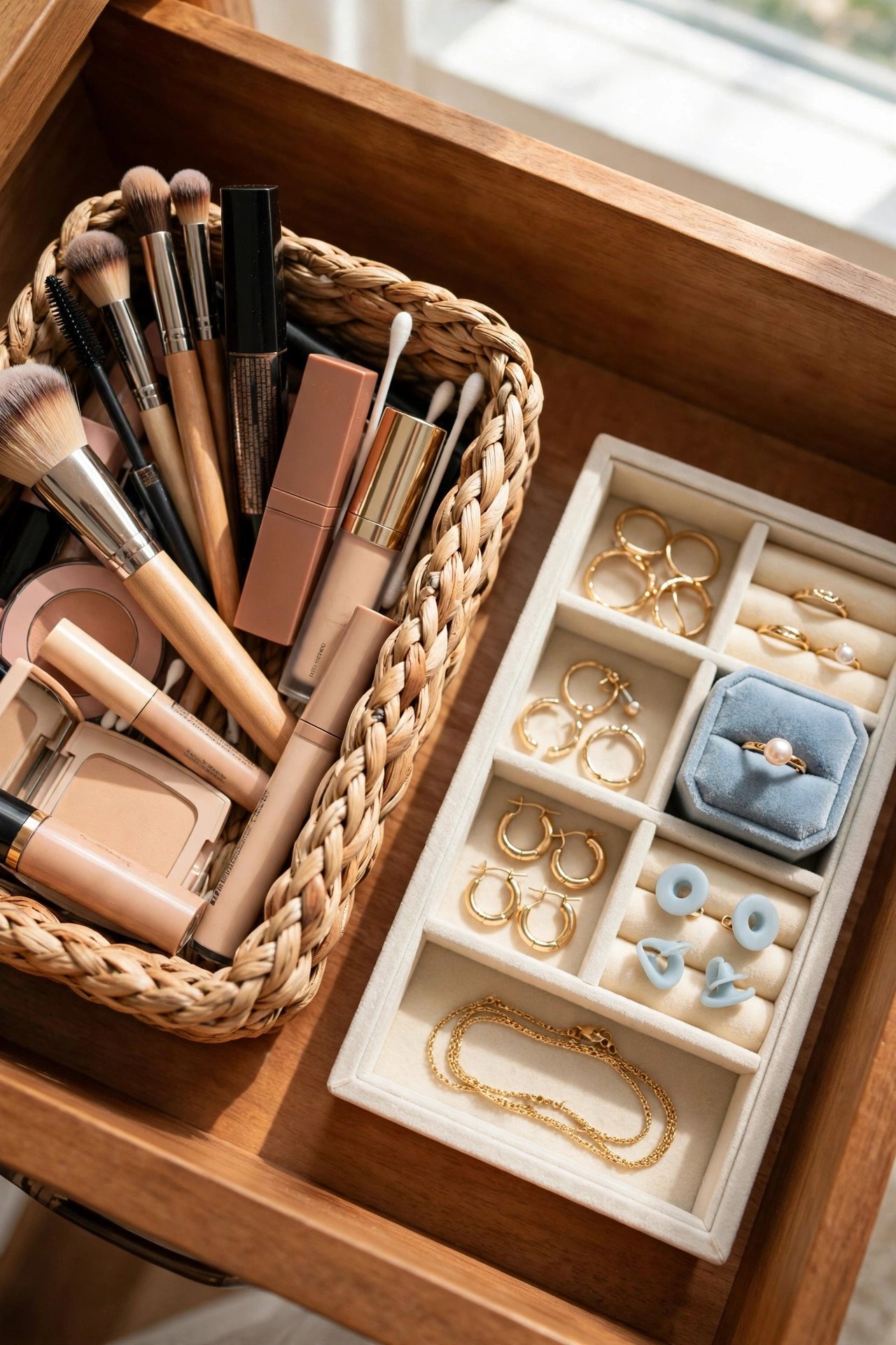 Braided basket and divided jewelry tray sharing one organized vanity drawer
