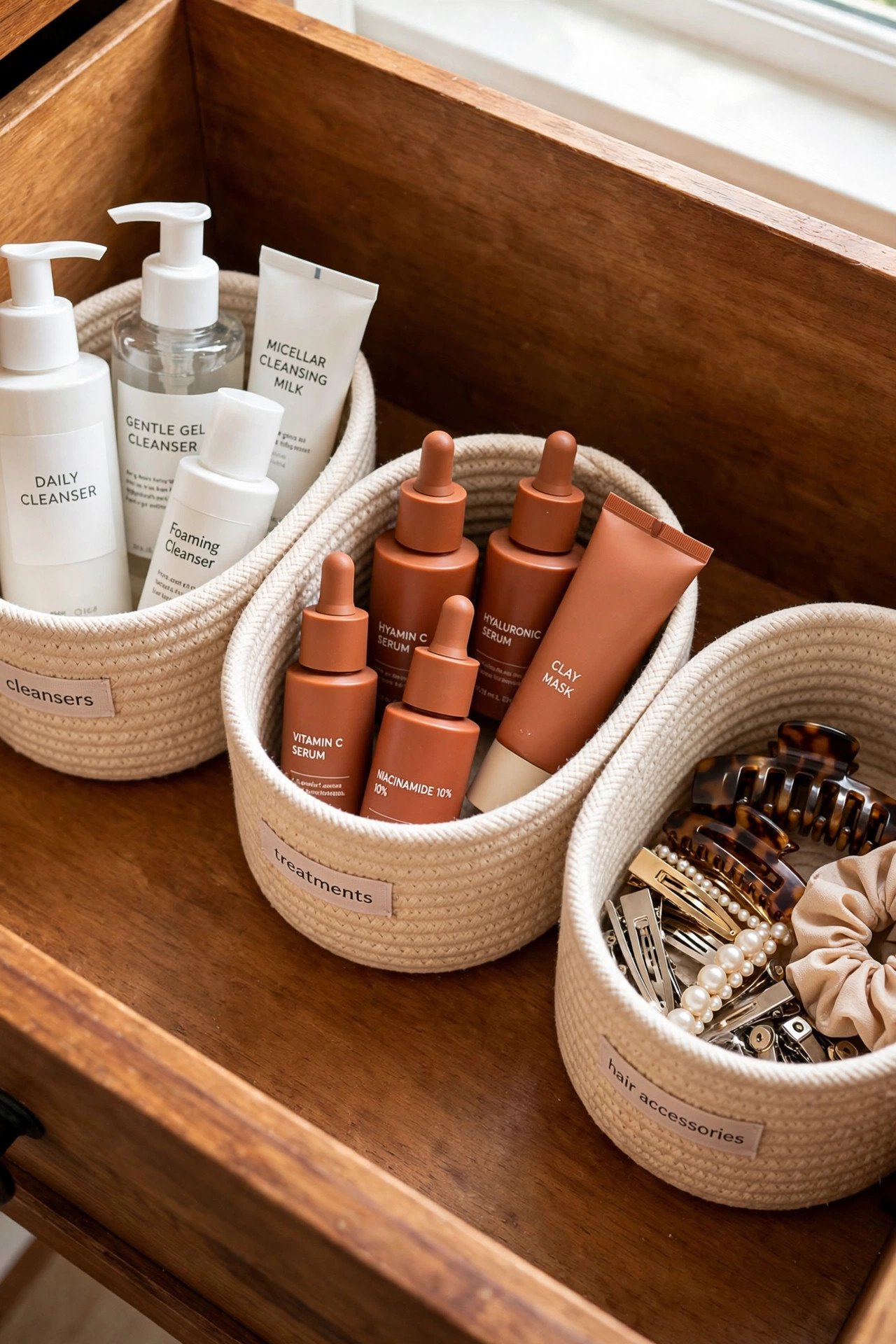 Round rope baskets grouping skincare and self-care items in a deep drawer
