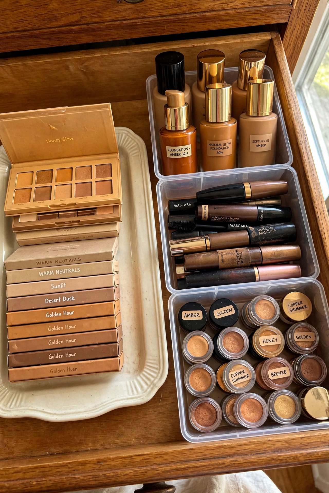 Mix of a cream tray and clear bins organizing a varied makeup collection in one drawer