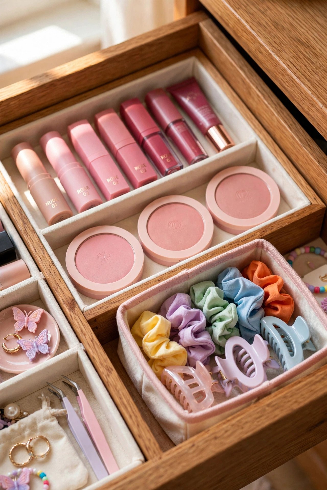 Color-coordinated pink makeup drawer organization with lip products sorted by shade