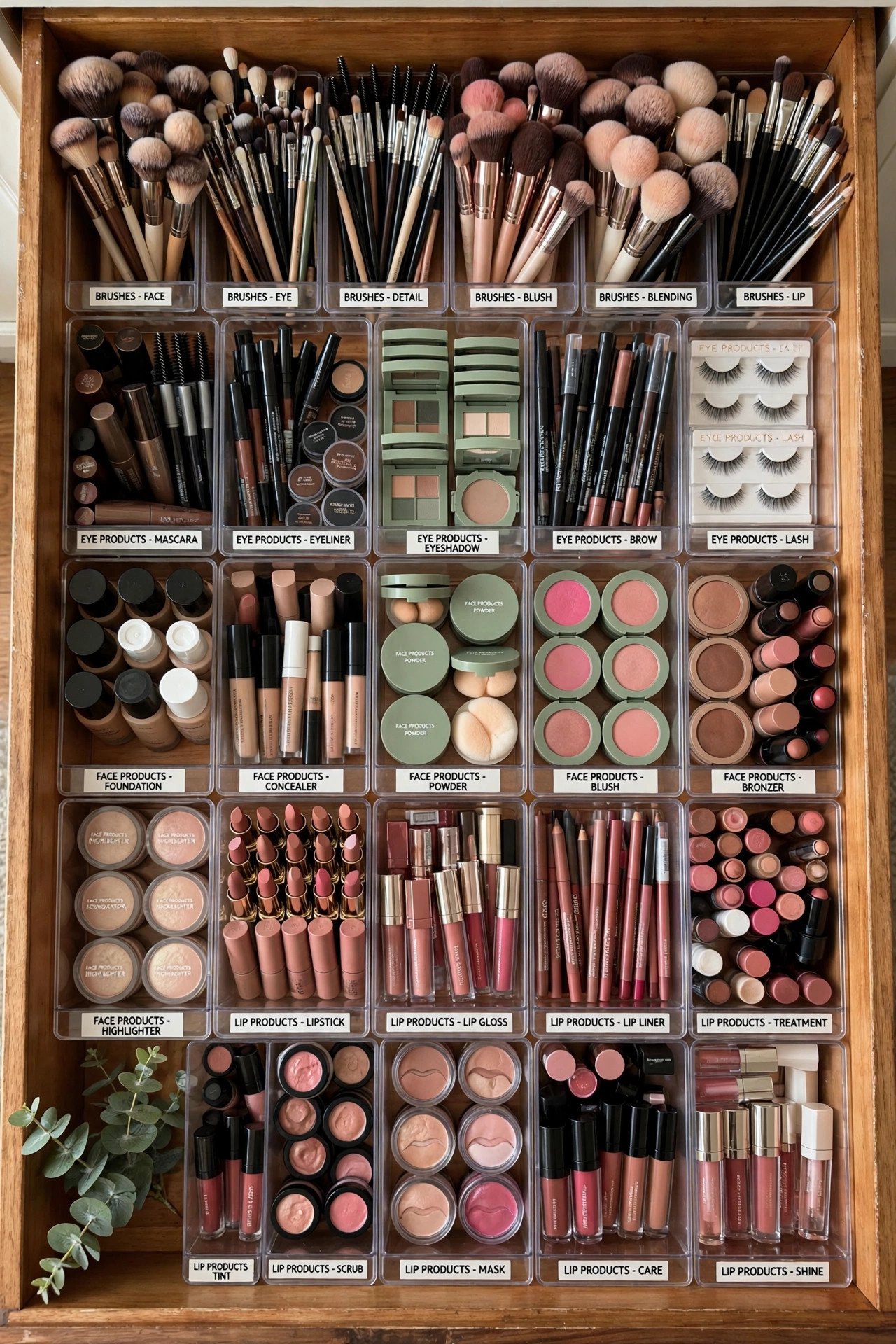 Full wall-to-wall grid of clear bins for complete makeup drawer organization