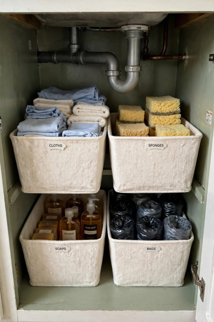Matching baskets in an organized under sink cabinet