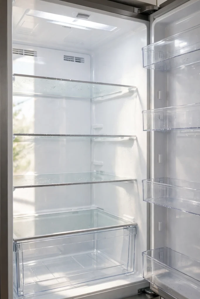 Regular cleaning of spotless refrigerator shelves and bins