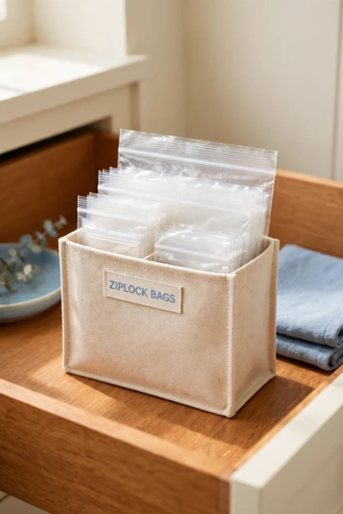 Ziplock bag organizer keeping storage bags tidy on refrigerator shelf