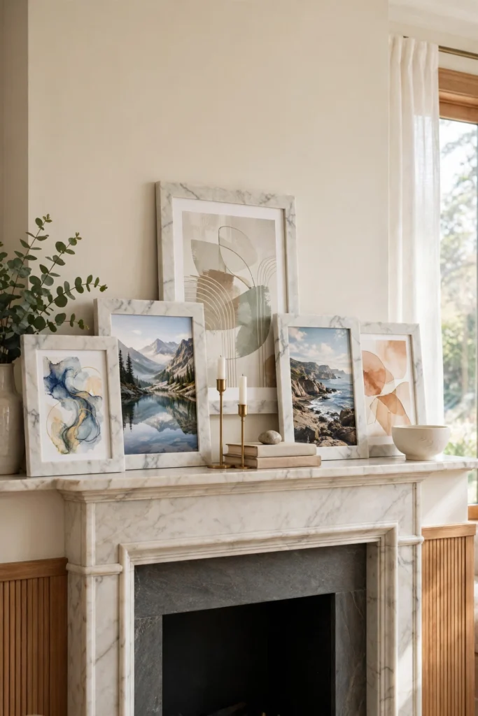 Marble picture frames on the mantel