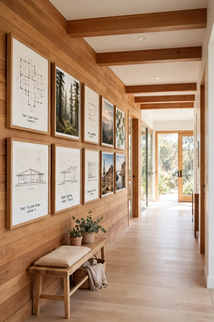 6. wide hallway gallery wall with framed photos and runner rug