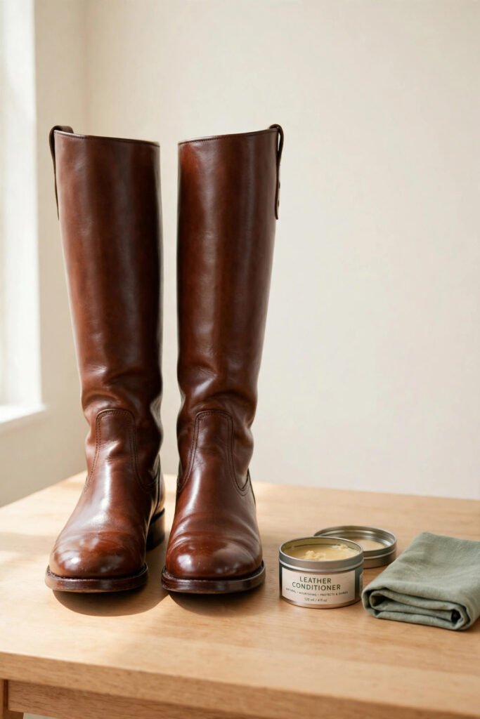 leather conditioner applied to boots before seasonal storage