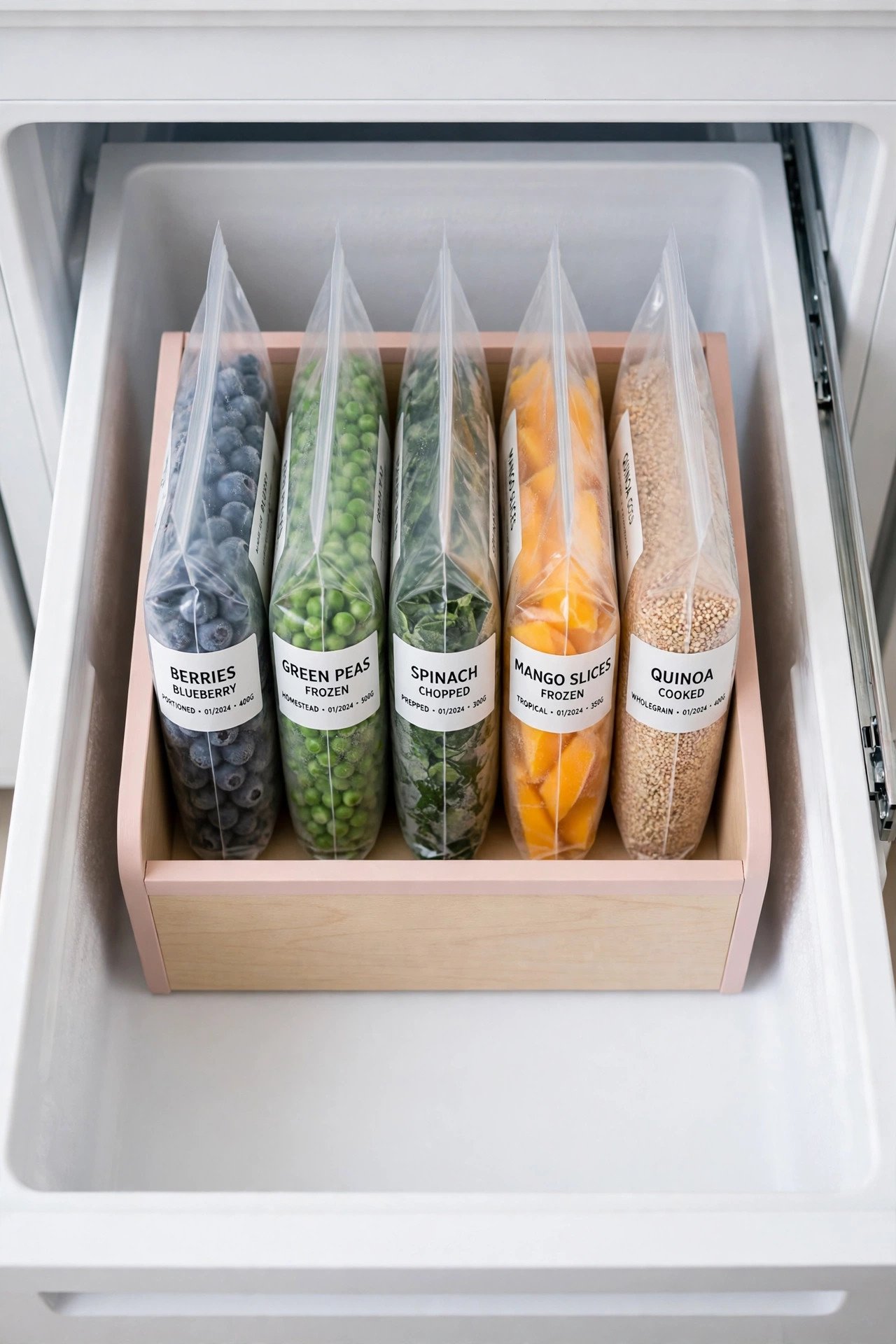 magazine holder filing flat freezer bags upright on a shelf