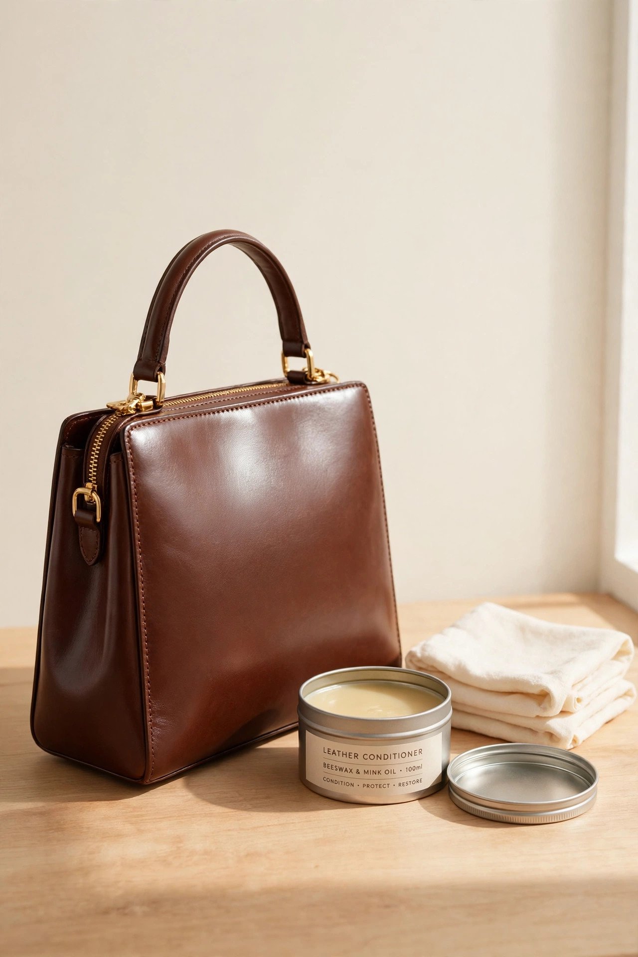 leather conditioner being applied to a handbag before seasonal storage