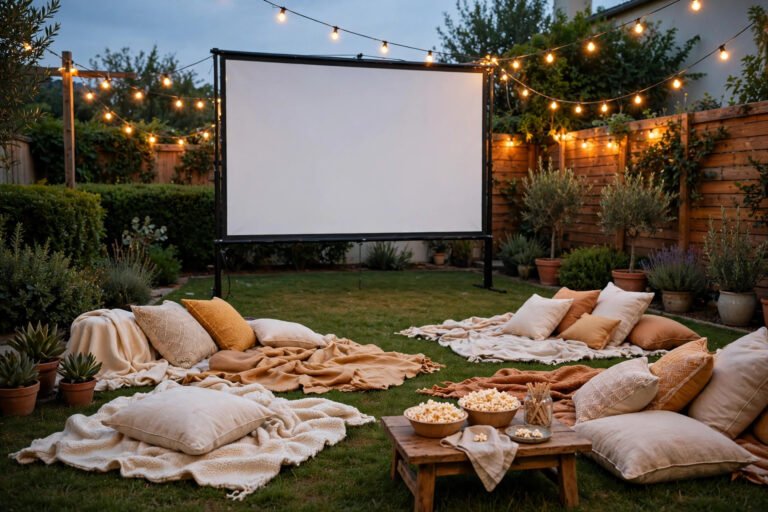 Wide backyard movie night scene with glowing projector screen, pillow seating and string lights at dusk