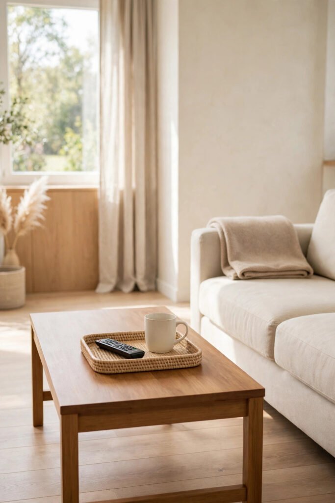 clearing flat surfaces in a living room during nightly reset