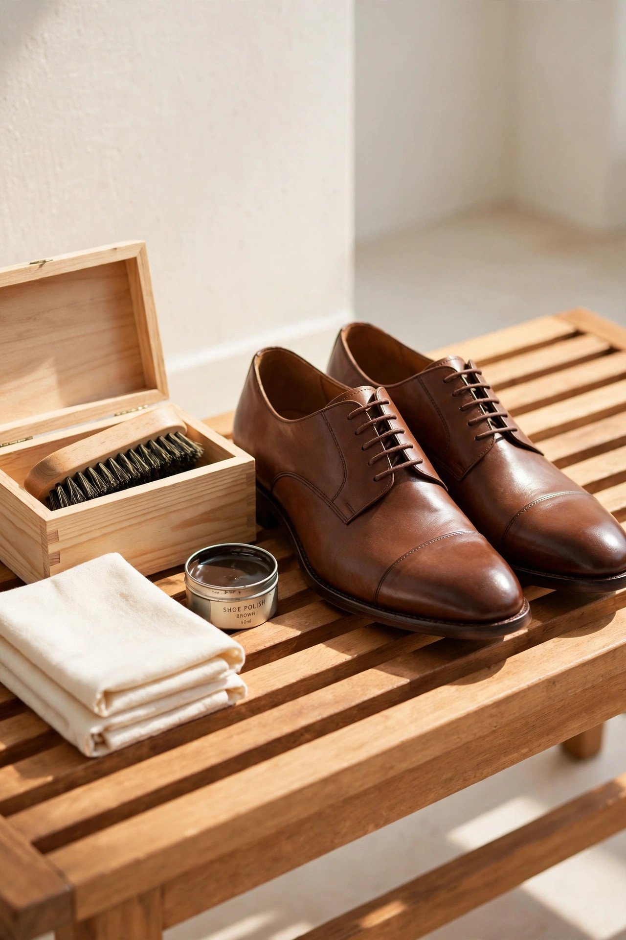shoes being wiped clean with a cloth before returning to the closet