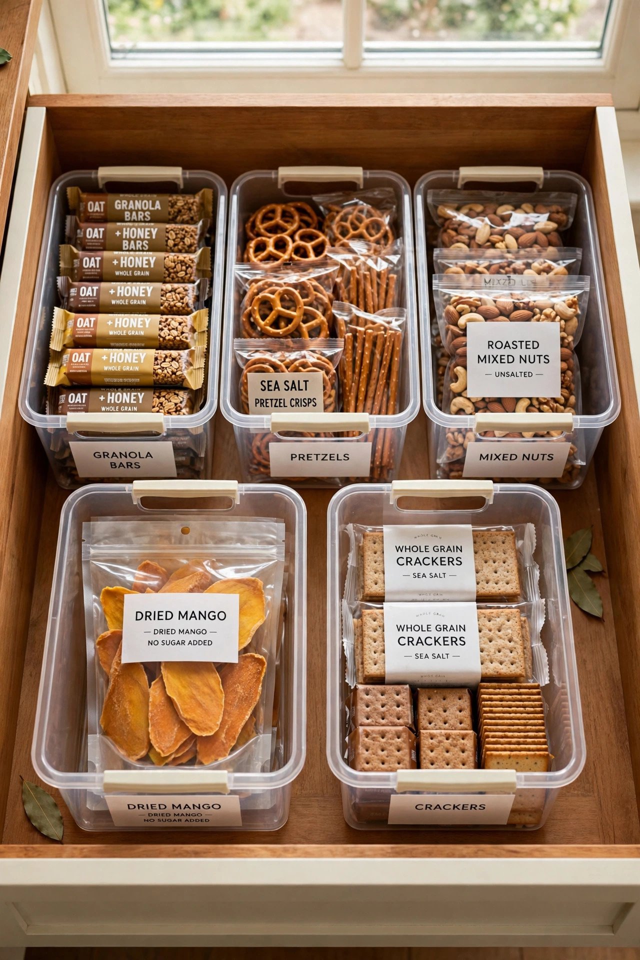 Kids helping restock an organized snack drawer with bins