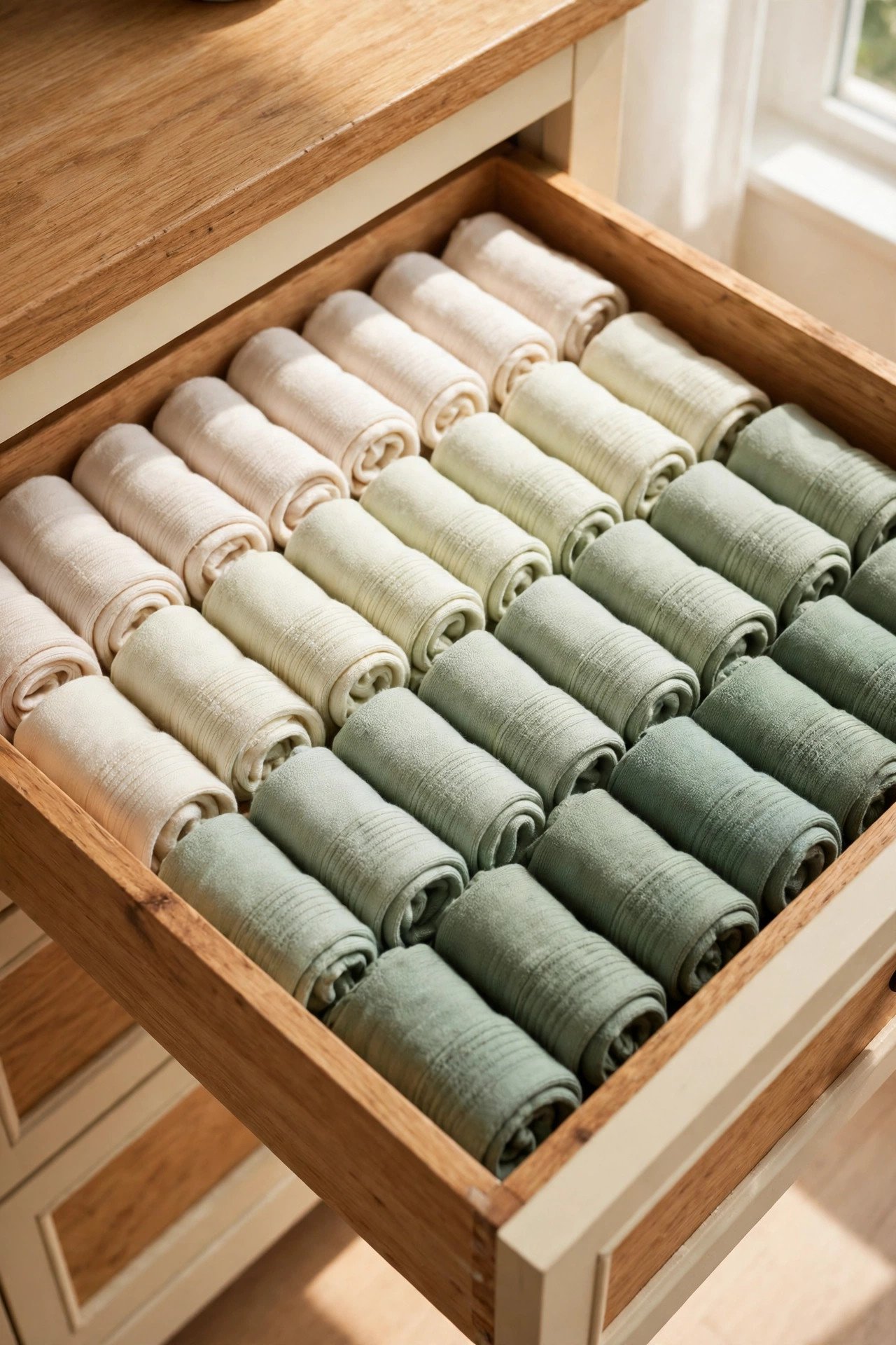 hands sorting socks into keep and discard piles beside an open drawer