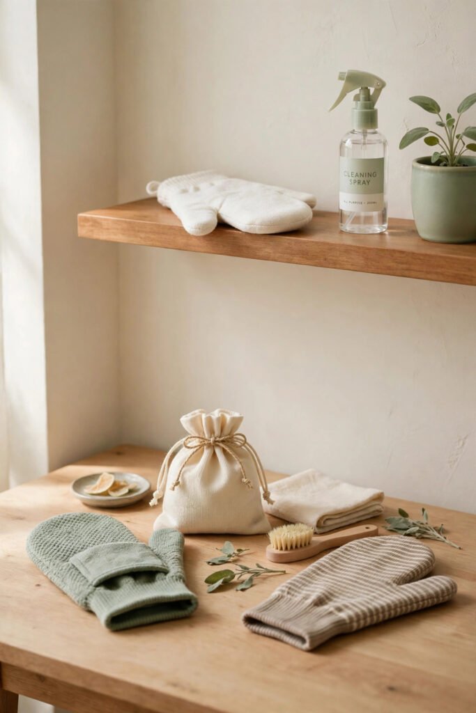 single socks repurposed as dusting mitts and storage pouches on a wood table