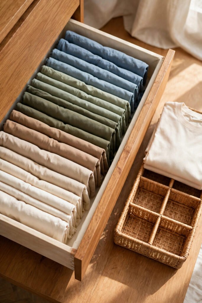 hands demonstrating the basic file fold on a t-shirt