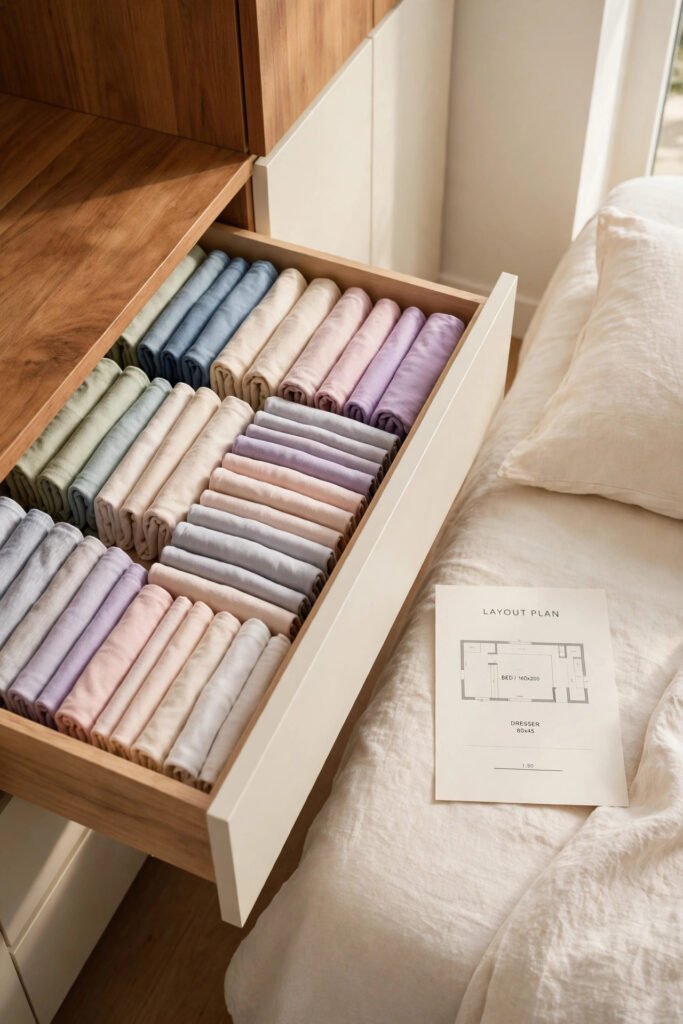 photo reference of a perfectly organized t-shirt drawer layout