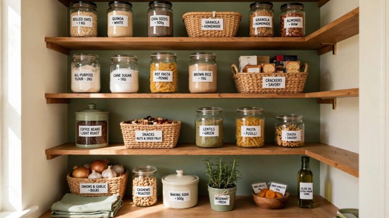 Beautifully organized deep pantry with labeled baskets and jars on warm wood shelves