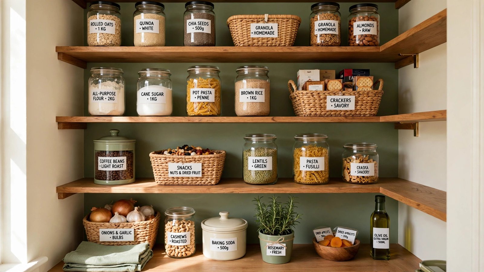 Beautifully organized deep pantry with labeled baskets and jars on warm wood shelves