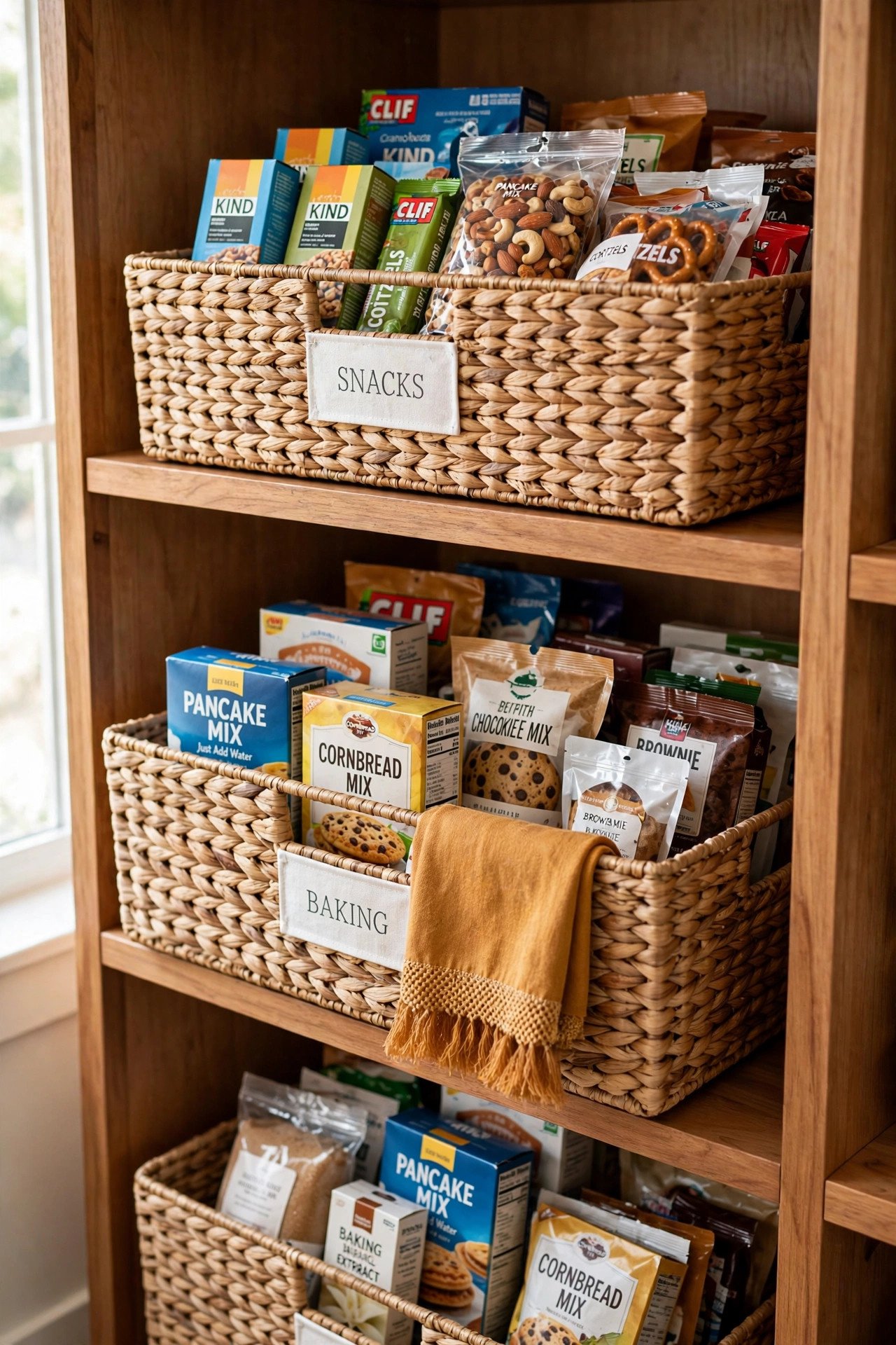 Woven baskets and labeled jars on narrow warm wood shelves, a cozy pantry organization look