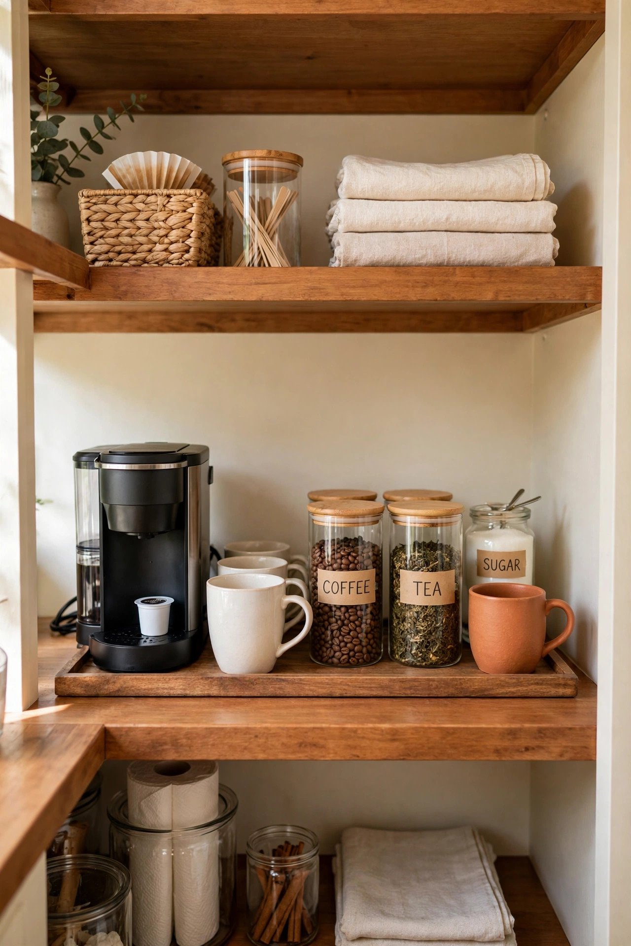 Small coffee station with labeled COFFEE and TEA jars on a narrow pantry shelf