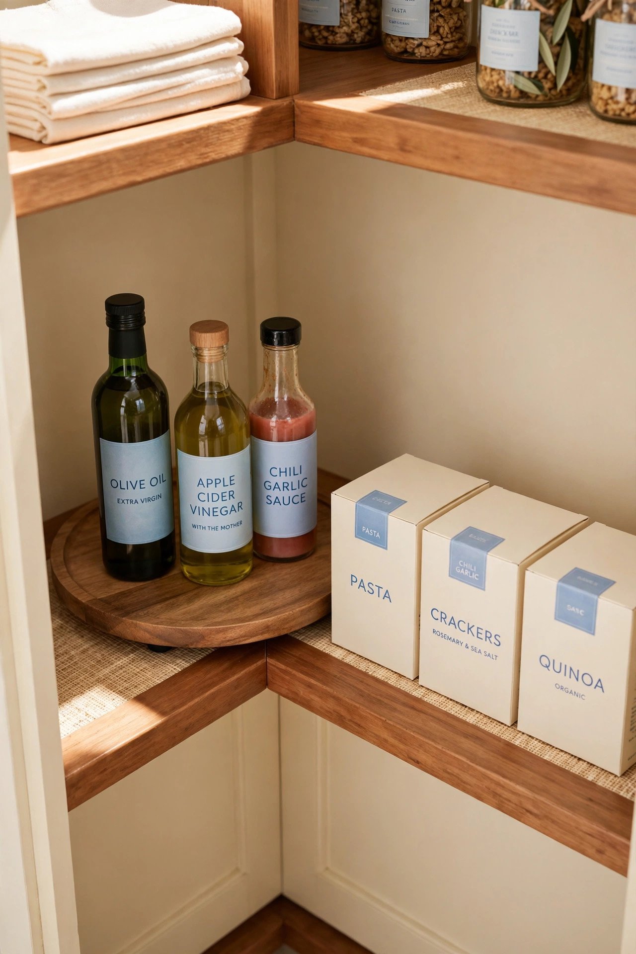 Lazy Susan turntable with sauces and oils on a deep pantry corner shelf, smart pantry organization