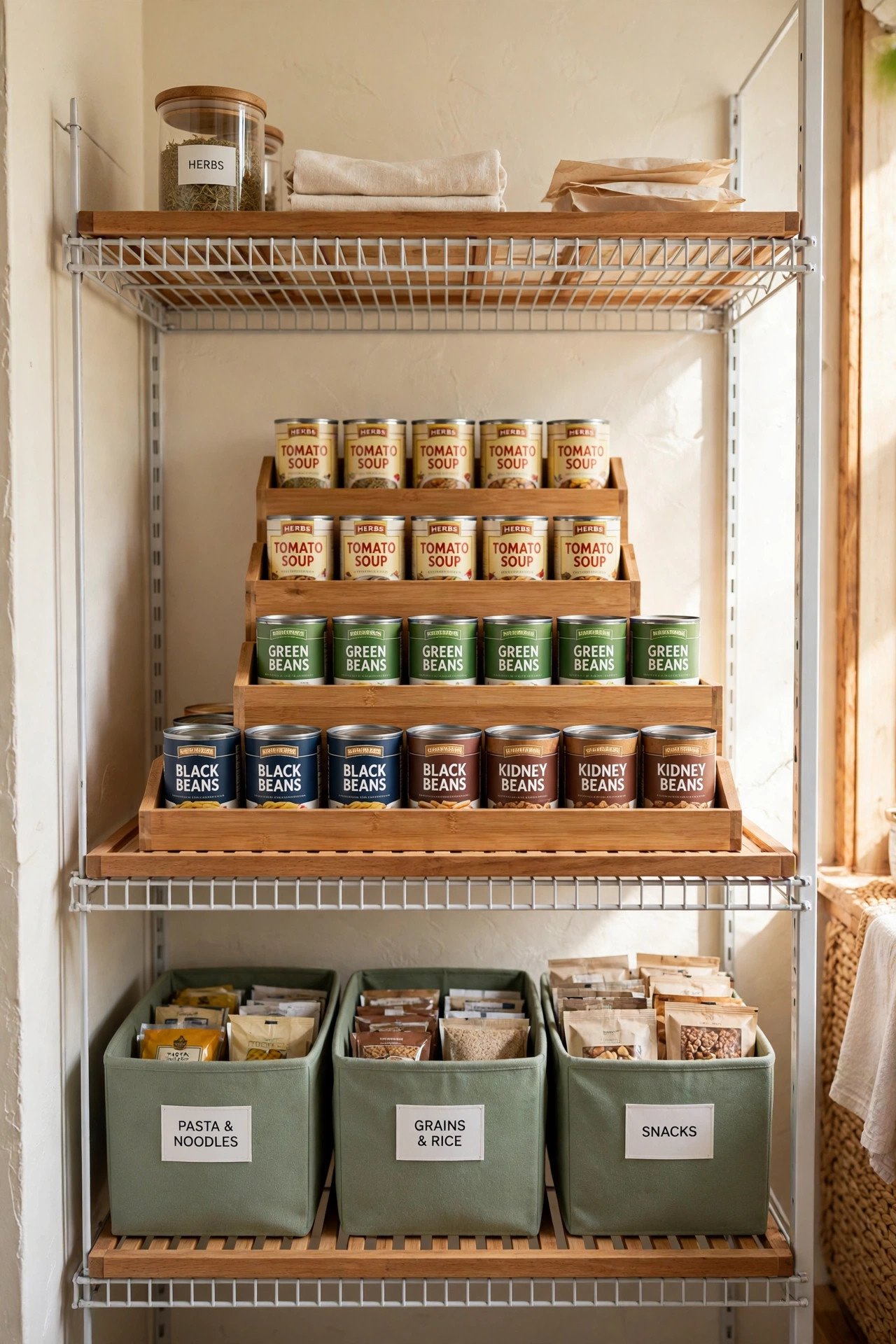 Wire pantry rack upgraded with shelf liners, a tiered can organizer, and labeled bins