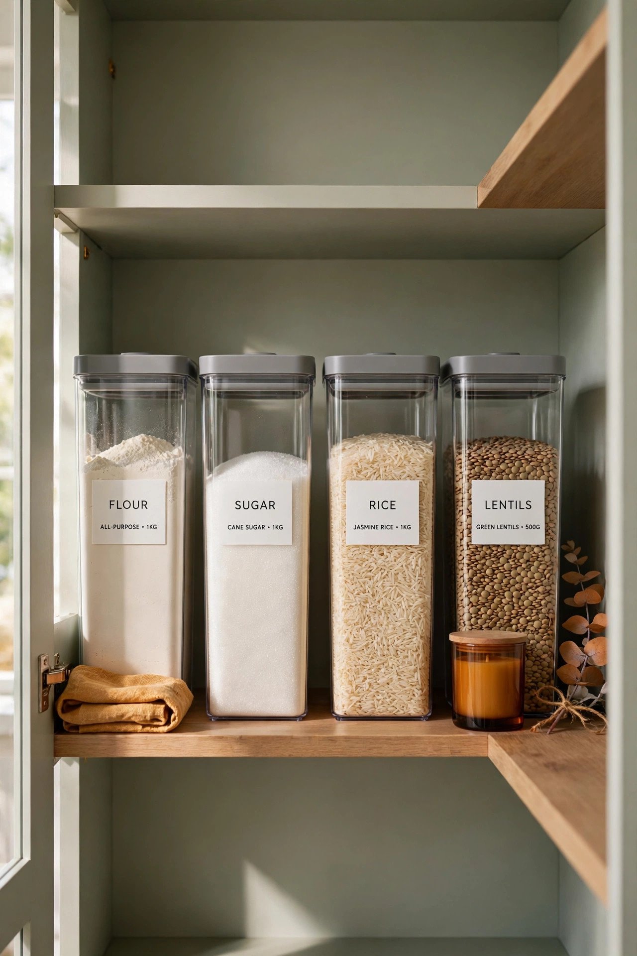 Matching clear canisters with gray lids and white labels on narrow pantry shelves, calm pantry organization