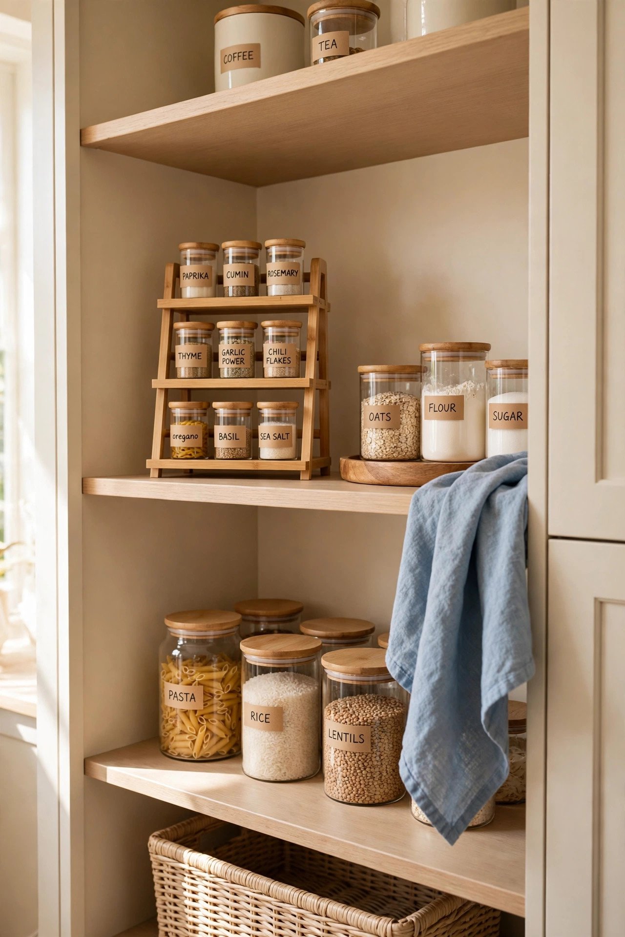 Bamboo tiered spice stand and glass jars with wooden lids in a calm neutral pantry