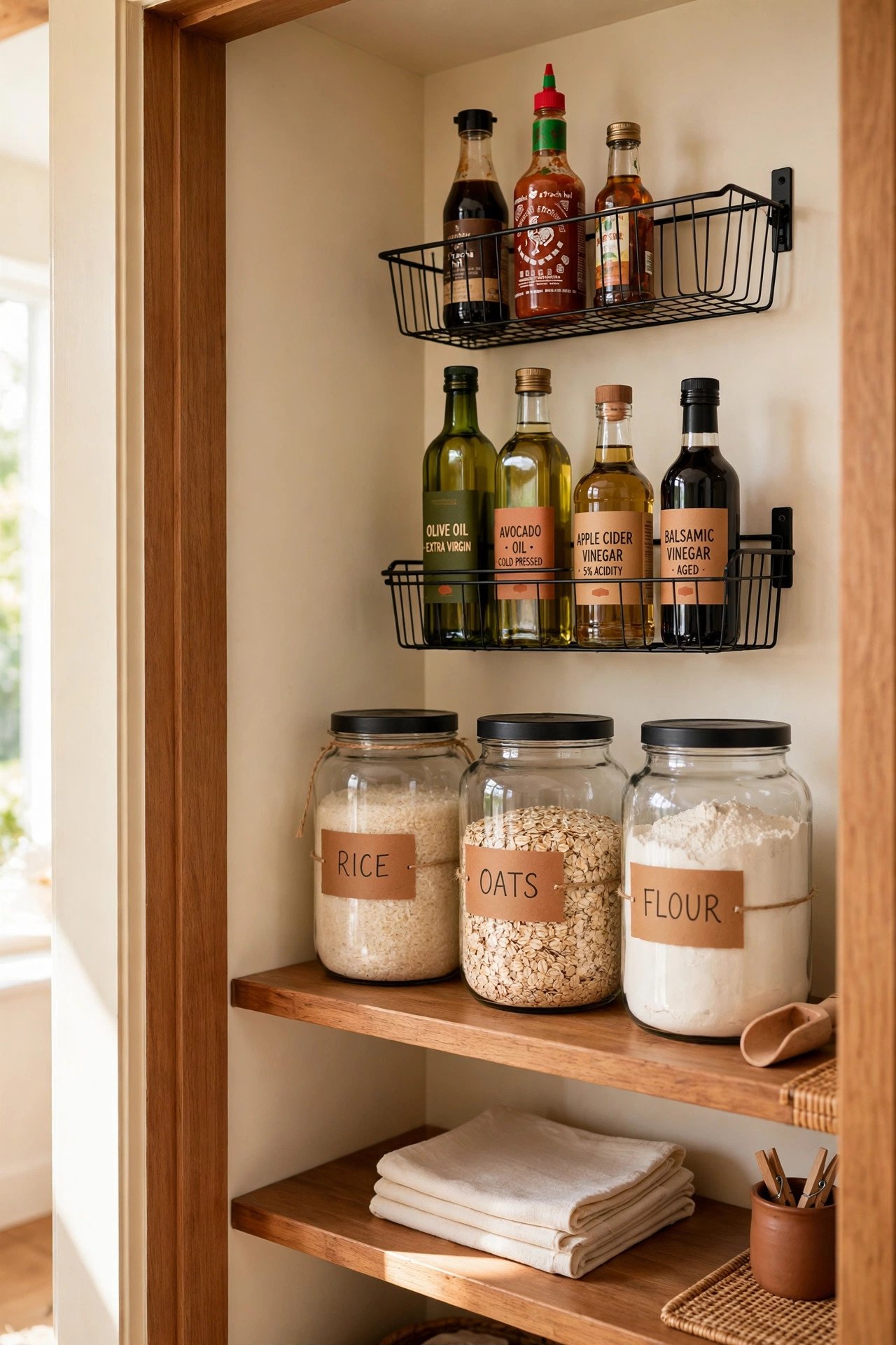 Wall-mounted wire baskets holding sauce bottles above glass jars on open pantry shelves