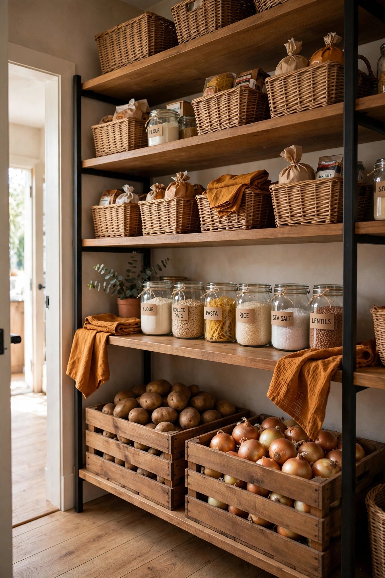 Walk-in pantry mixing wood, metal, and woven baskets with filled jars and crates, warm pantry organization
