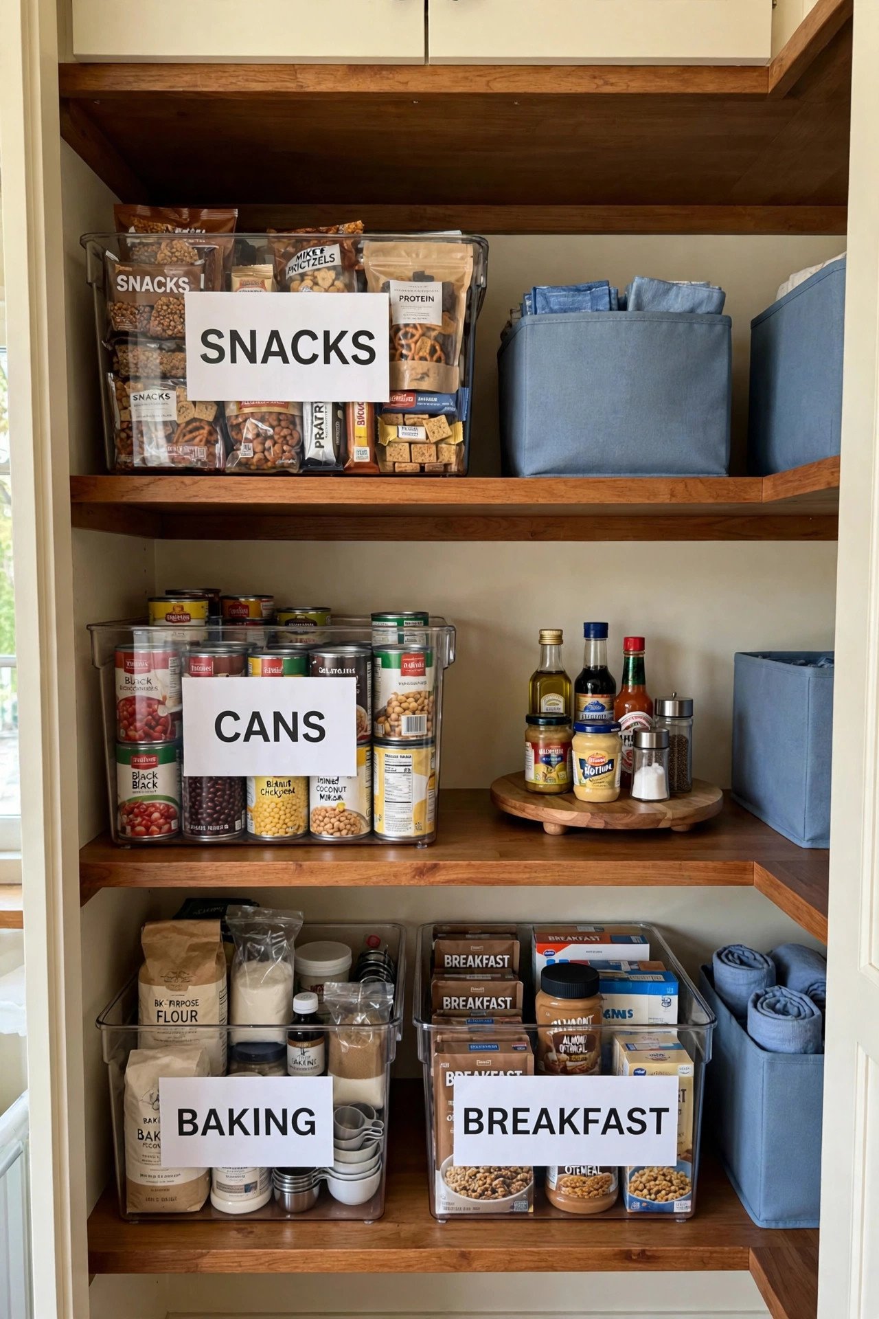 Deep pantry shelf sorted into labeled category bins with a turntable, clear pantry organization zones