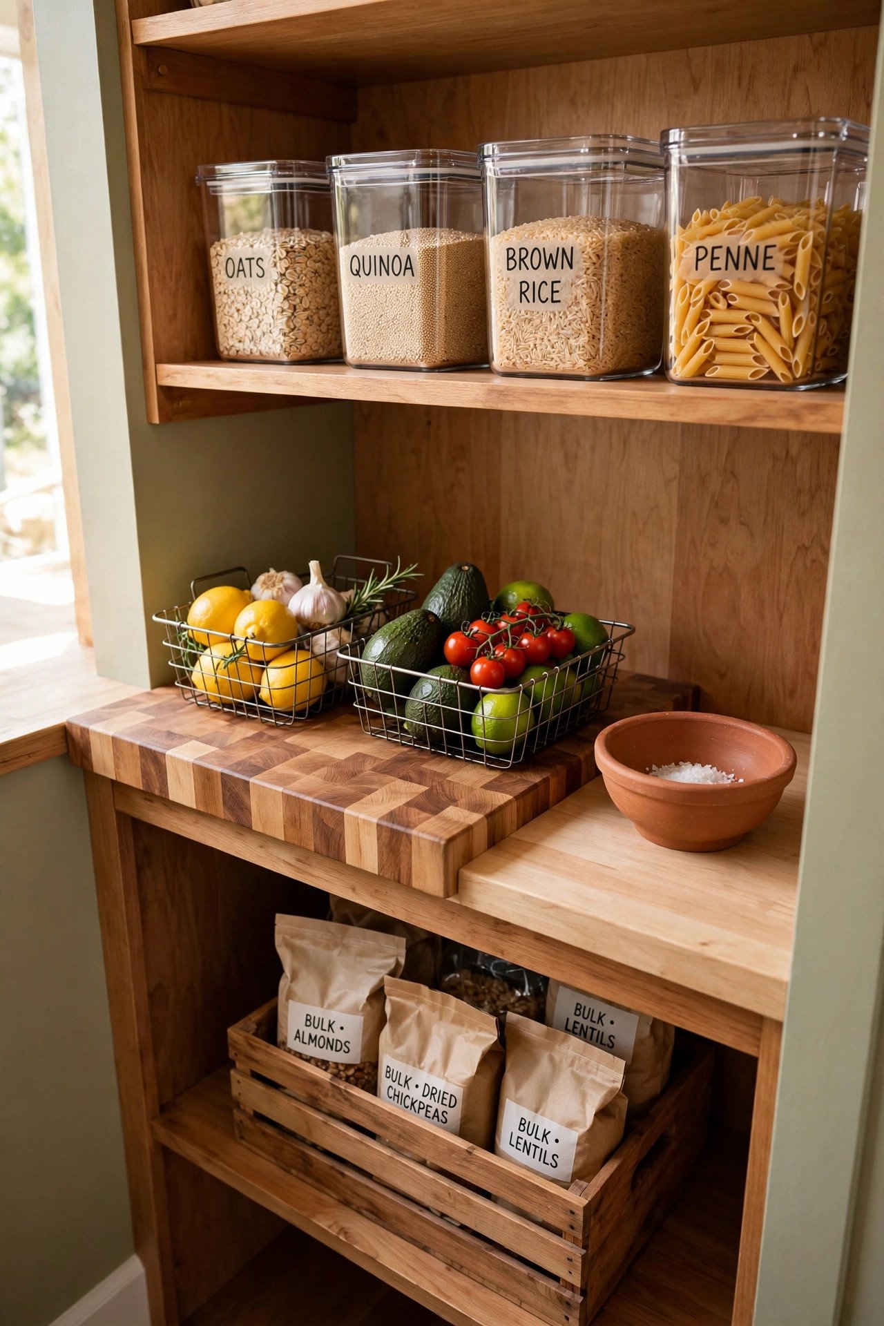 Butcher-block pantry counter with produce baskets and labeled grain jars above