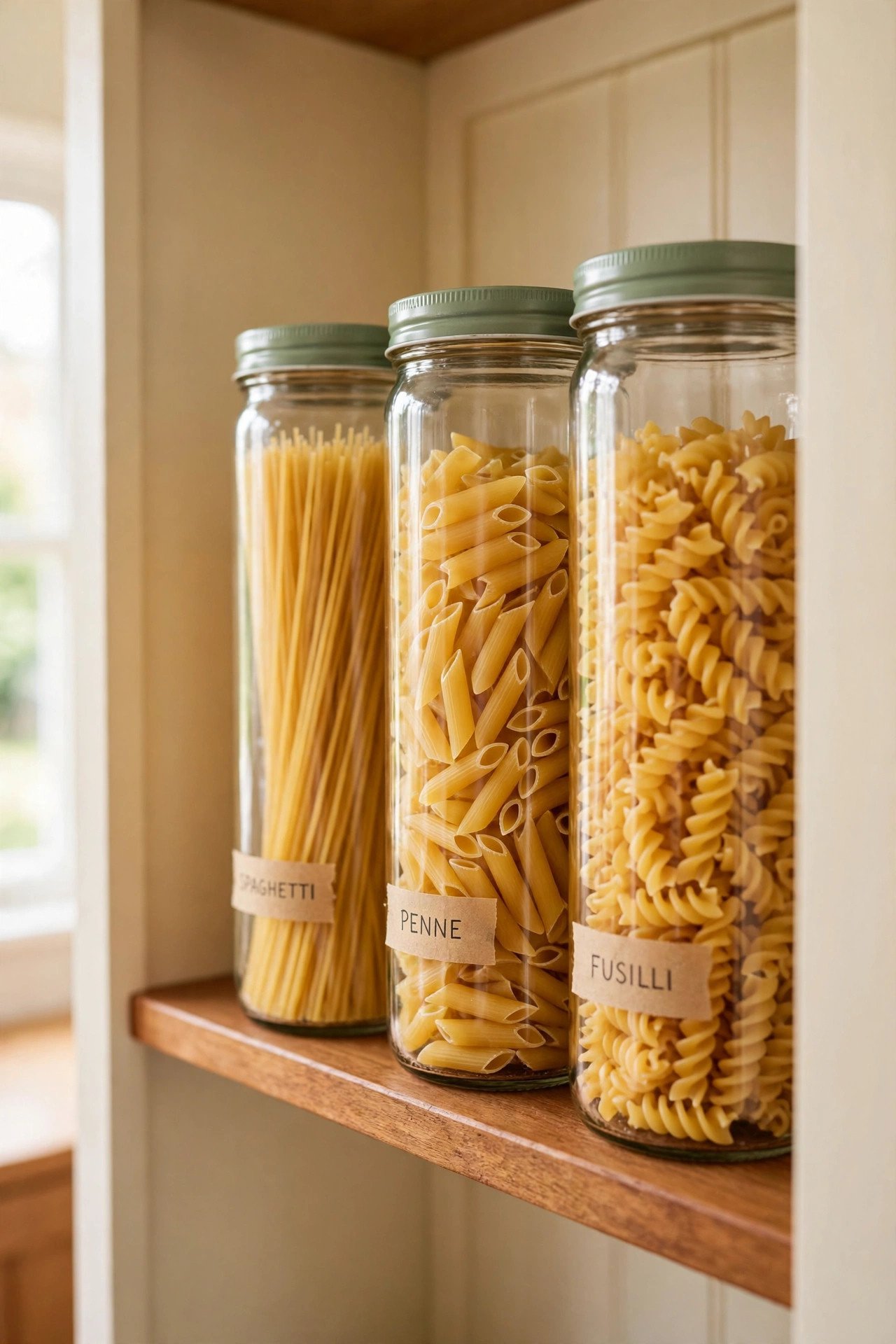 Tall slim jars filled with pasta shapes lined up on a narrow pantry shelf, clever pantry organization