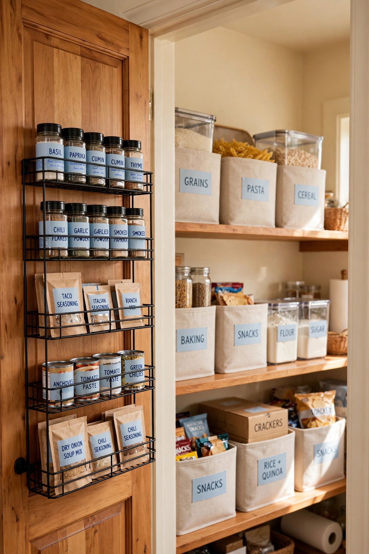 Pantry door with mounted wire racks holding spices and small cans, deep shelves behind, smart pantry organization