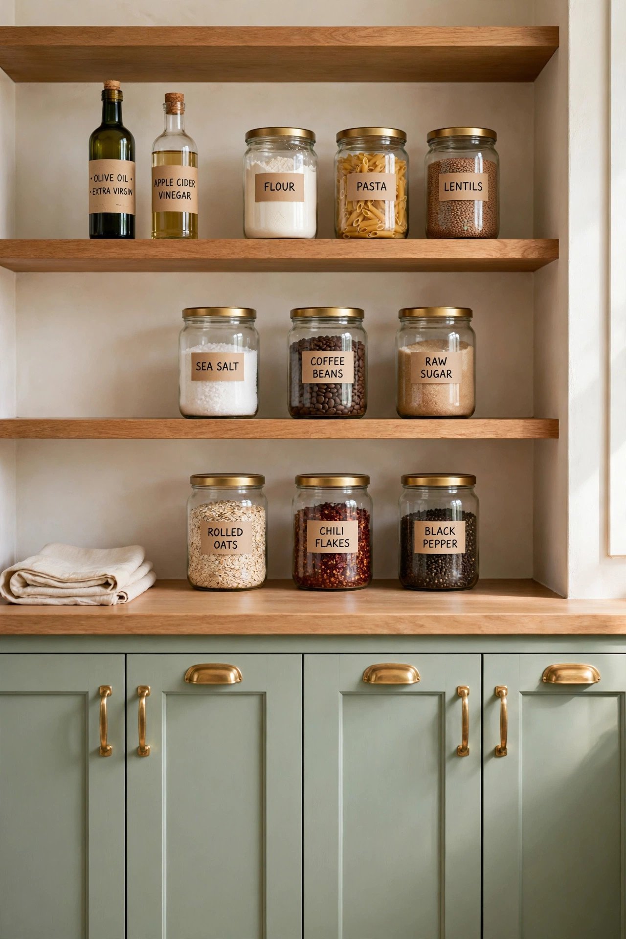 Sage green pantry cabinets with open wood shelves, oil bottles, and labeled jars